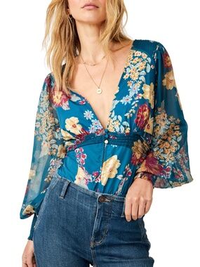 Free People Wanderlust Floral Print Bodysuit Long Sleeve Jade Combo Small NWT